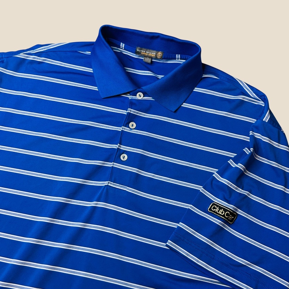 Peter Millar Polo Mens L Summer Comfort Blue Striped Club Car MS16EK15 Stretch